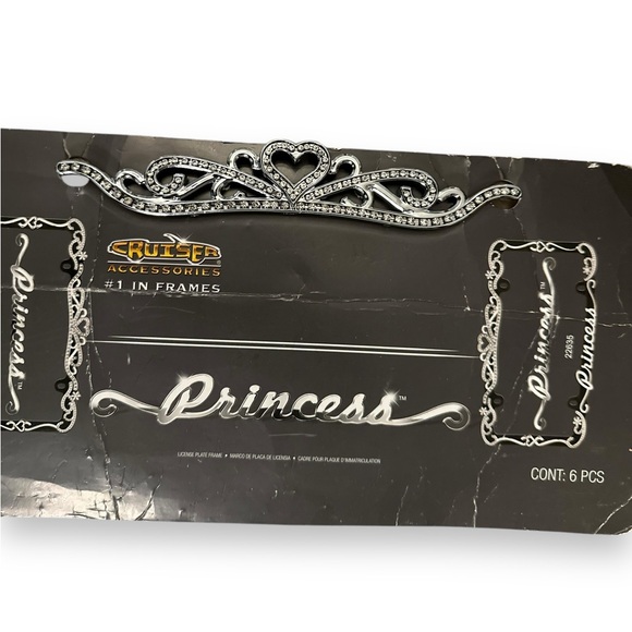 Black & Chrome Princess License Plate Frame & Diamond Bling Fasteners New - Picture 4 of 16
